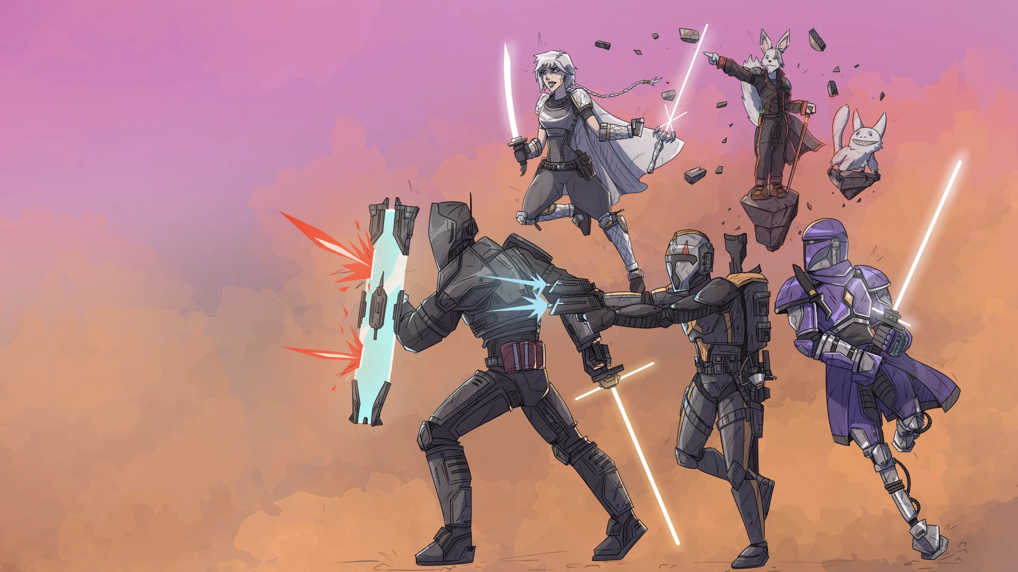 Illustrated characters from the Hyperspace Havoc crew in a fight